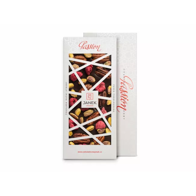 Hořká čokoláda 72% s malinami, pistáciemi a pekanovými ořechy